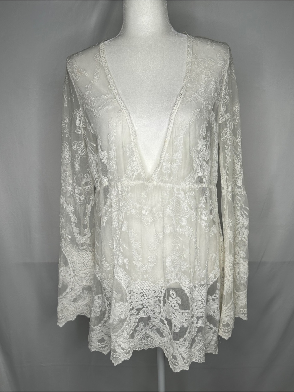 Umgee Ivory Embroidered Lace Floral Tunic Top Beach Cover Sheer Sz M
